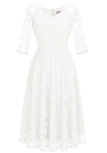 Dressystar Damen Abendkleider Elegant für Hochzeit Cocktailkleid Lang Ärmel Standesamtkleid Weiß L
