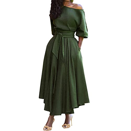 Sommerkleider Damen Rockabilly Kleid Kleider Damen festlich elegant Schräge Schulterkragen Halben Ärmeln Einfarbig...