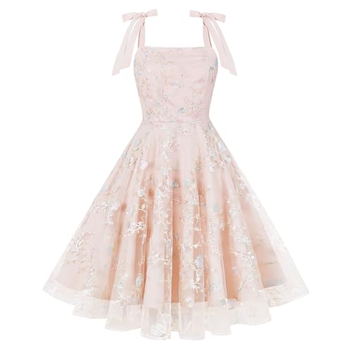 Odizli Rockabilly Kleider Damen 50er Jahre Vintage Elegant Sommer Spaghettiträger Mesh Blume Stickerei Swing A-Linie...