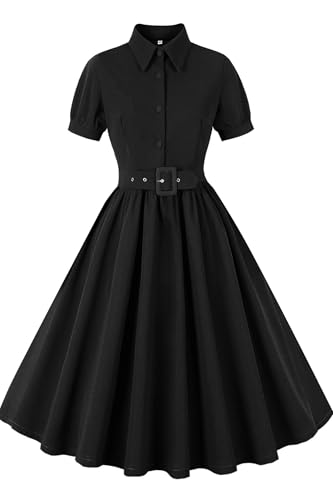 AXOE Damen Vintage Kleid 50er Jahre A-Linie mit Halbgürtel Stoffknöpfe Knielang für Alltag und Party Einfarbig...