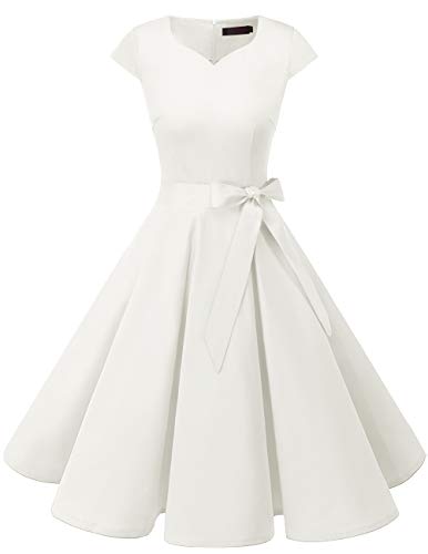 DRESSTELLS 50er Jahre Kleid, Damen 50er Vintage Hochzeitskleider Rockabilly Kleider Hepburn Stil Cocktailkleider White L