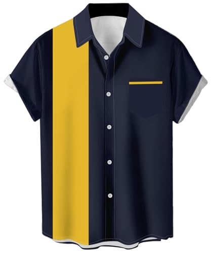 Bowling-Shirts für Herren, Vintage-Stil, 1950er-Jahre, lässig, kurzärmelig, Knopfleiste, kontrastierendes Hemd,...