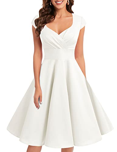 bbonlinedress 1950er Vintage Retro Cocktailkleid Rockabilly V-Ausschnitt Faltenrock White (Creme) M