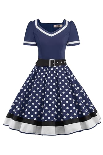 AXOE Damen 50er Jahre Kleider Rockabilly Petticoat Vintage mit Gürtel Marineblau Weiß Gepunktet, Gr.40, L