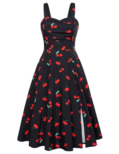 Damen Elegant Sommerkleid A-Linie Rockabilly Blumenkleid Spaghetti Festlich Partykleid Schwarz S