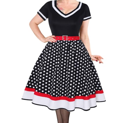 Nujvnuj Retro-gepunktetes Kleid, Schwarz mit Rot-Weißen Streifen V-Ausschnitt Petticoat Vintage Rockabilly Kleider...