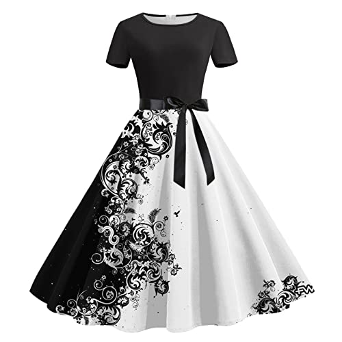 Rockabilly Kleider Damen A-Line Retro-Kleidung Vintage Partykleid Swing Festlich Blumendruck Cocktailkleid Elegant 50er...