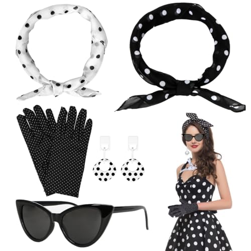 5TLG Rockabilly Accessoires Damen, 50er Jahre Damen Kleid Zubehör, 1950s Kostüm Set mit Schal, Sonnenbrille,...