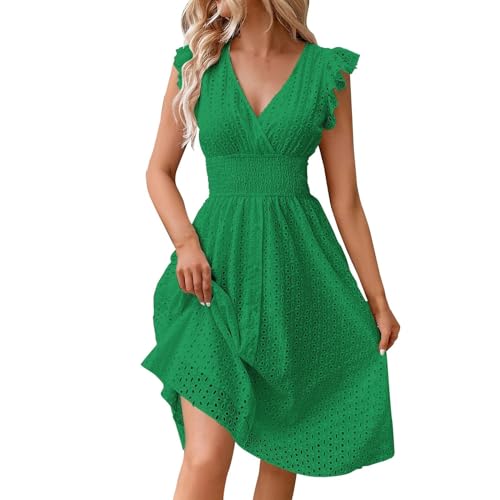 blitzangebote Sommerkleid lang Damen Kleid hochzeitskleider für gäste Einfarbig Spitze Hohl V-Ausschnitt Rüschen...