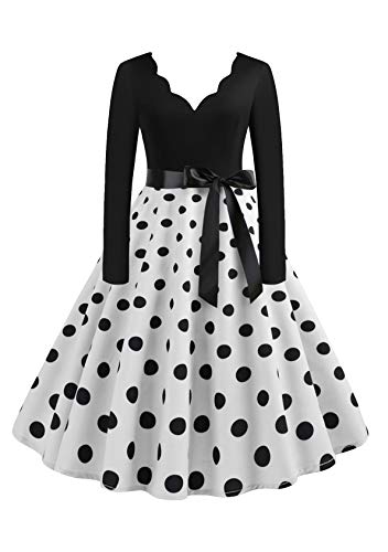 EFOFEI Damen 50er Cap Ärmel Swing Kleider Dot Einfarbig Rockabilly Kleid Vintage Retro Rockabilly Kleider Weiß L