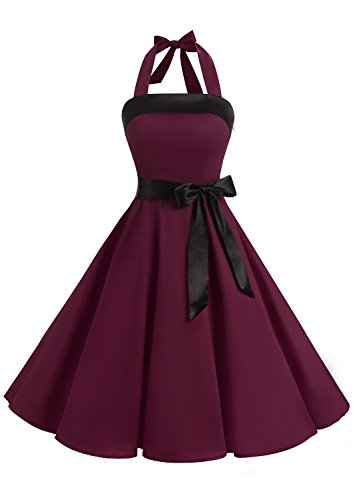 Timormode Damen Vintage Cocktailkleid Knielang Neckholder Swing Retro Rockabilly Kleid XL Burgundy