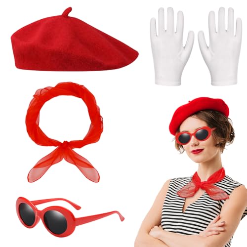 Meleager 4 Stück 50er jahre Accessoires Damen, Rockabilly Accessoires Damen mit Rote Baskenmütze, Schal, Sonnenbrille...