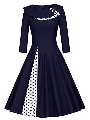 JIER Damen 50er Jahre Vintage Langarm KleidRockabilly Kleid Knielang Festlich Kleid Faltenrock mit Gepunkt Elegant...