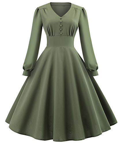 generisch JIER Damen Retro Rockabilly Kleid Langarm Knöpfen Kleid 50er Jahre Cocktailkleid Abendkleid Knielang...