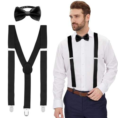 Cutiland Hosenträger für Herren Mit Fliege im Set, Damen Hosenträger, Pantomime Kostüm, Rockabilly