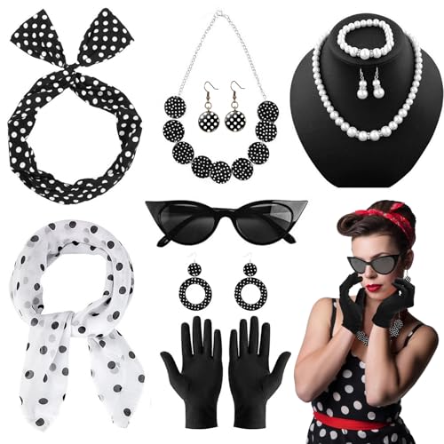HUYUE 50er Jahre Rockabilly Accessoires Damen Kostüm mit Handschuhe Stirnband Schal Chiffon 1950s Kostüm Rockabilly...