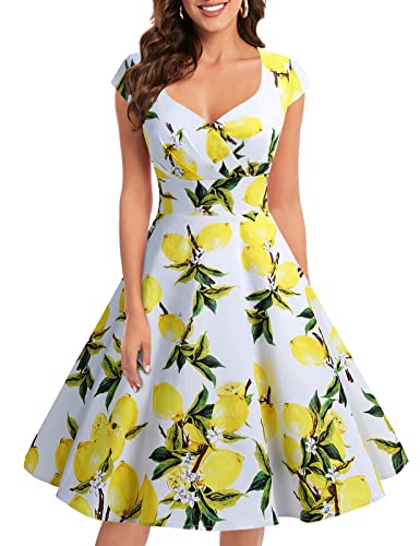 bbonlinedress 1950er Vintage Retro Cocktailkleid Rockabilly V-Ausschnitt Faltenrock Lemon M