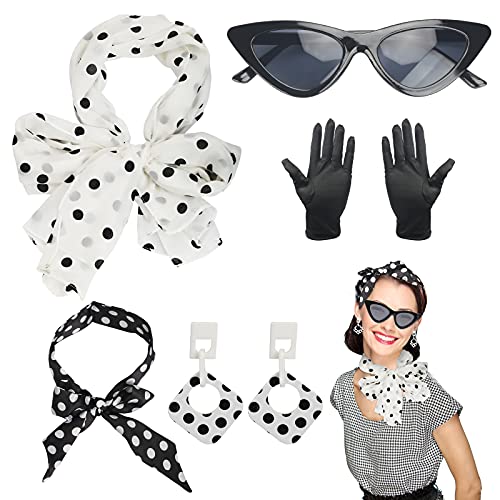 HAMOOM 5TLG Rockabilly Accessoires 50er Jahre Kleid Zubehör mit Polka Dot Chiffon Schal 60er Jahr Kleidung Set 1950s...