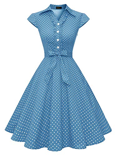 Wedtrend Damen 50er Vintage Retro Rockabilly Swing Kleid Kurzer Ärmel Cocktailkleider WTP10007BlueWhiteDotM